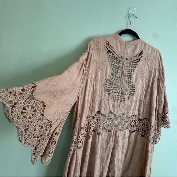 crochet kimono robe taupe tan beige long oversized bell sleeve open medium large - Picture 2 of 14